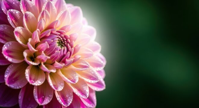 Vibrant pink dahlia blooms in the morning light with droplets on its petals showcasing nature's beauty