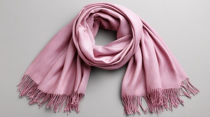 A soft pink scarf with fringes displayed on a gray surface. Ideal for fashion and textile themes.