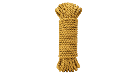 Isolated coil of natural tan rope, secured at top and bottom, ready to be unwound