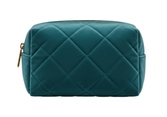 Isolated teal quilted pouch with gold zipper for cosmetics, makeup, toiletries, essentials