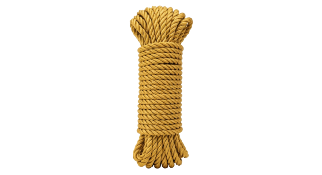 Isolated coil of natural tan rope, secured at top and bottom, ready to be unwound