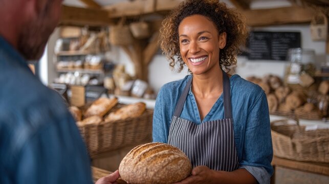 A smiling baker hands a loaf of bread to a customer in a cozy bakery setting. The atmosphere is warm and inviting, showcasing fresh baked goods.