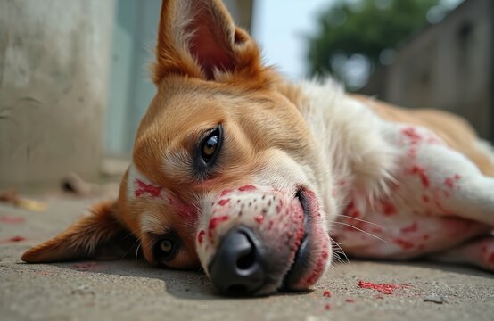 Sad stray dog lies on concrete floor with bloody lesions on its face and body. The animal looks ill and neglected, possibly suffering from a skin disease.