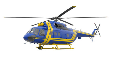 Isolated blue and yellow helicopter on a level ground with its blades at an angle
