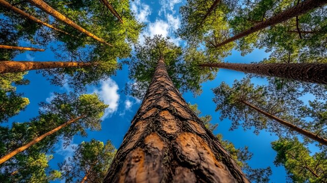 Tall trees stretch upward toward a blue sky with scattered white clouds in a forest environment.