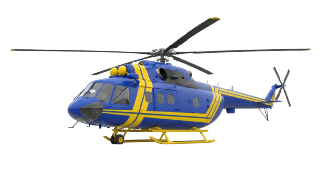 Isolated blue and yellow helicopter on a level ground with its blades at an angle