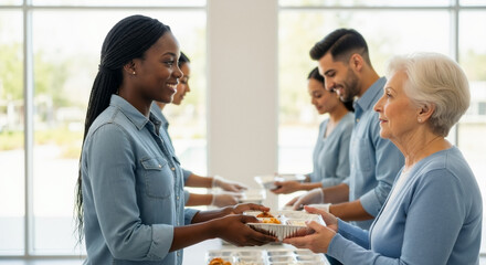 Volunteers serving meals with care to those in need, offering support and kindness to the elderly