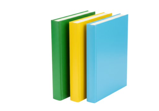 Isolated books in green, yellow, and blue standing side by side ready for reading, learning