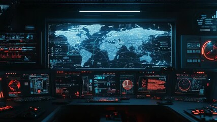 Futuristic control room monitoring global network data - Powered by Adobe