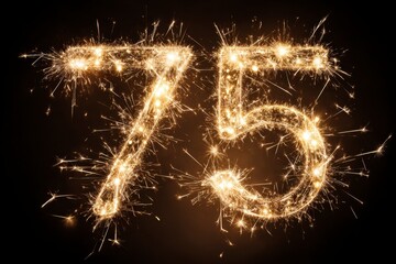 Sparkling Number 75 Made with Bright Sparklers on Dark Background
