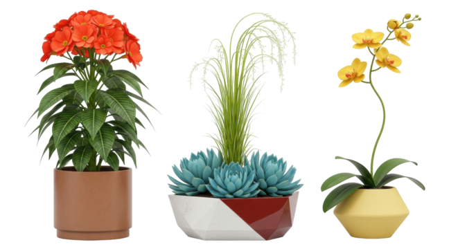 Isolated indoor ornamental potted plant set with vibrant blossom and succulent display