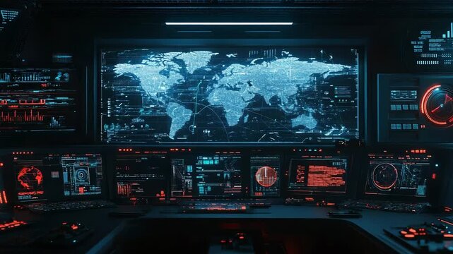 Futuristic control room monitoring global network data - Powered by Adobe