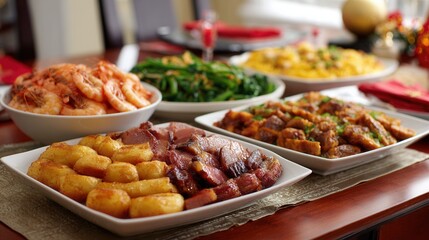A beautifully arranged table featuring various Asian dishes, including shrimp, vegetables, and meats, perfect for celebrations and gatherings.