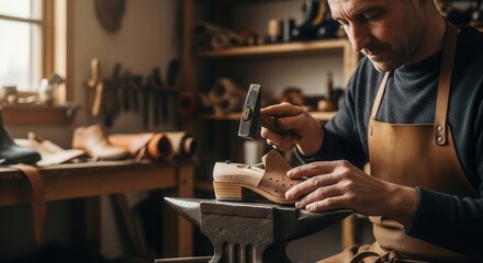 A skilled craftsman meticulously shaping a wooden shoe in a traditional workshop filled with tools and materials, showcasing craftsmanship and dedication.