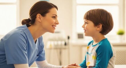 Fototapeta premium A nurse engages with a young boy in a bright clinic, showcasing warmth and compassion. Ideal for healthcare and child care themes.
