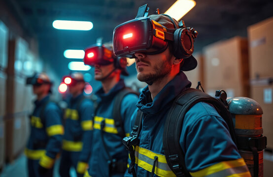 Firefighters wear VR headsets in a warehouse training session. They practice emergency response using virtual reality tech. This innovative method improves skills for dangerous situations.