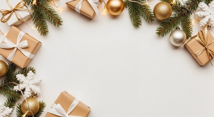 Holiday gifts and ornaments arranged with pine branches on white background - Concept of Hanukkah, New Year, Christmas  