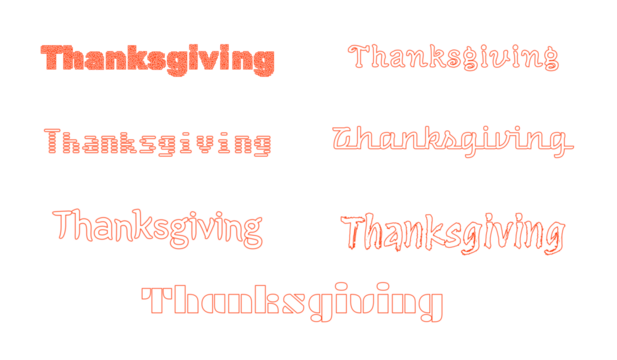 Thanksgiving outlined typography in light orange on a transparent background, minimalist holiday text design for invitations, cards, banners, posters and seasonal graphics.