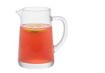 Isolated glass pitcher with pink lemonade and lemon slice for refreshment summer drink