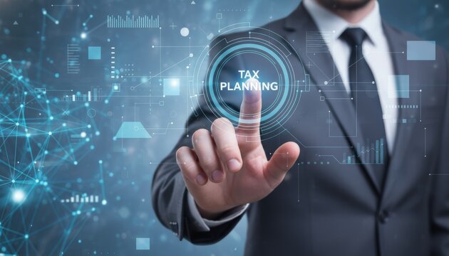Businessman interacting with a futuristic digital interface, touching a tax planning button, showcasing advanced technology for financial strategy and business optimization
