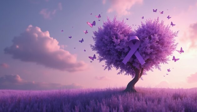 Purple ribbon tied on heart shaped tree with butterflies around. Symbolizes cancer awareness hope and support. Soft pastel sky clouds and field.