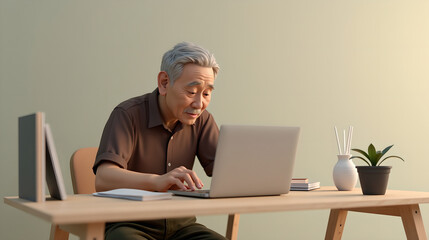 Portrait of Elderly Man Working on Laptop