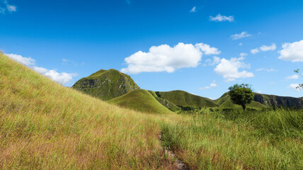 A scenic landscape of rolling green hills under a clear blue sky with scattered clouds, showing the beauty of untouched nature and peaceful countryside vibes