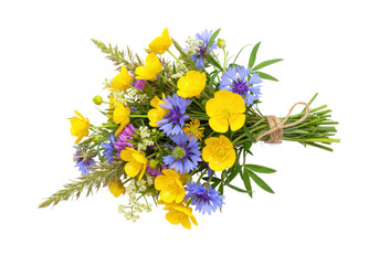 Isolated bunch of meadow buttercups and cornflowers tied with twine, fresh spring wildflowers © Fernando
