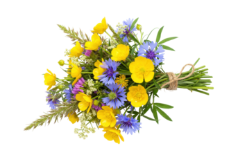 Isolated bunch of meadow buttercups and cornflowers tied with twine, fresh spring wildflowers