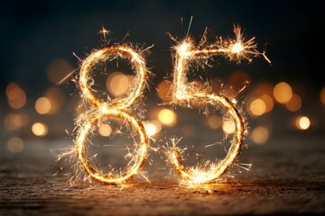 Sparkling Number 85 Celebrating Milestone with Fireworks and Lights