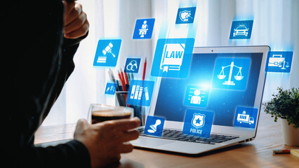 Law icons illustrate justice, court, and regulation system. Law represents fairness, law supports police, and law connects with rules, rights, and enforcement. Gist
