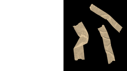 Three pieces of masking tape are scattered on a black background, creating a textured and abstract composition