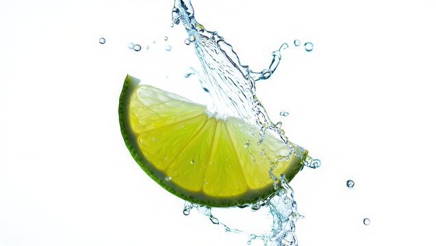 A vibrant lime slice splashes into clear water, creating dynamic droplets. Ideal for food and beverage themes, freshness, and summer vibes.
