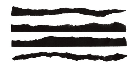 Four torn black paper edges with rough textures isolated on transparent background