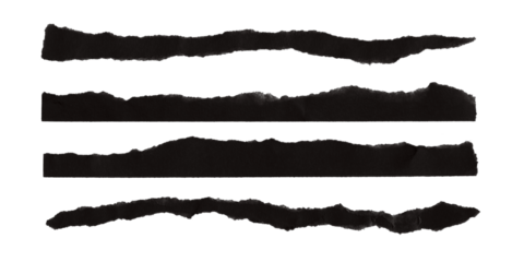 Four torn black paper edges with rough textures isolated on transparent background