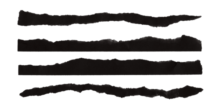 Four torn black paper edges with rough textures isolated on transparent background