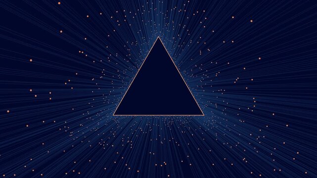A black triangle with a central glowing dot surrounded by radiating lines, creating a dark and mysterious visual with a sense of depth and intrigue