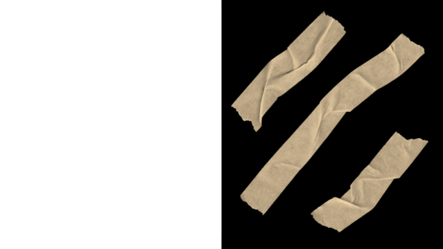 Three strips of masking tape are arranged diagonally on a black background, creating a dynamic and textured visual