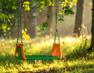  Colorful Forest Swing – Green and Orange Seat Amid Lush Nature