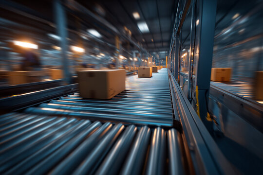 Automated warehouse conveyor transporting cardboard boxes in a high-speed distribution center — logistics, shipping and industrial fulfillment