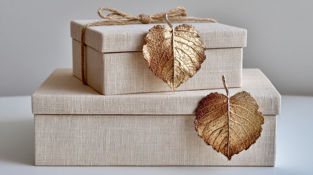 Decorative gift boxes adorned with golden leaf accents, elegantly stacked on a soft surface, creating a minimalist and sophisticated ambiance for gifting
