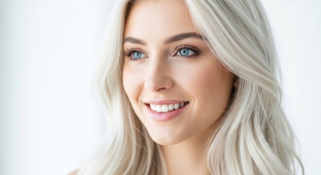 Smiling young woman with long blonde hair and blue eyes, bright natural lighting