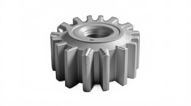 A metal gear wheel in close-up on a white background. A part of an industrial mechanism, a symbol of engineering, technology and precision engineering