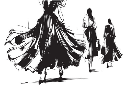 Set of fashion sketches set on white background. Ink sketches