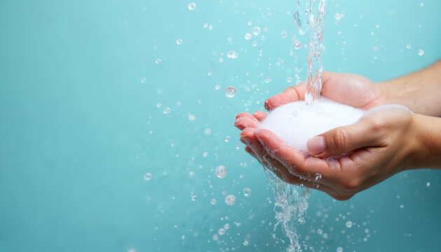 Hands washed with soap and running water create foam bubbles. Cleansing routine promotes healthy living and infection prevention. Cleanliness is important for good public health.
