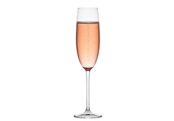 Isolated elegant sparkling rose wine glass, champagne drink in tall stemware, festive occasion