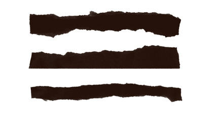 Three torn brown paper strips with rough edges isolated on transparent background