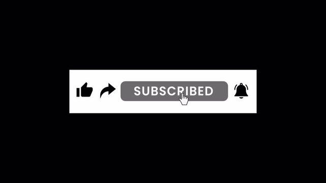 Subscribe button animation video. Engagement bar with like, share, comment symbols and click action on black background in high-resolution format
