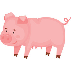 Cute Pink Pig Standing on Transparent Background Looking Forward