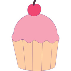 Pink Frosted Cupcake with Cherry Topping Isolated on Transparent Background Simple Dessert Illustration for Sweet Food Concepts